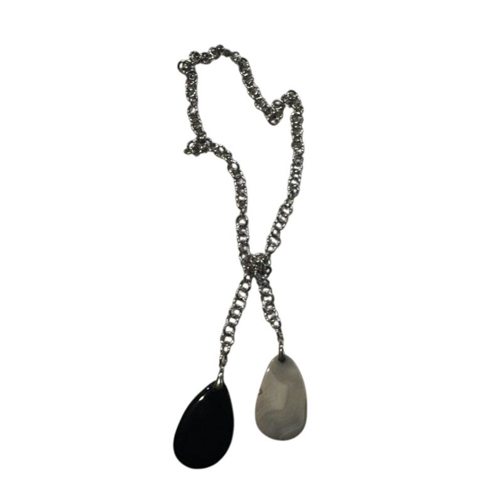 Silver Tone Chain Necklace with Double Agate Slice Teardrop Pendants